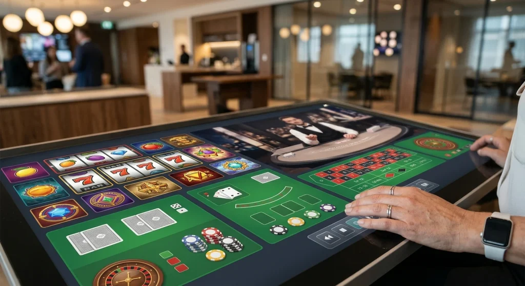 Abstract editorial mosaic representing slots, table games and live casino