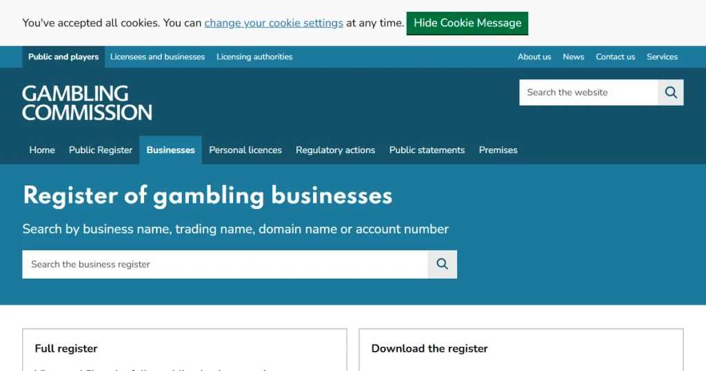 UK Gambling Commission public-register search result