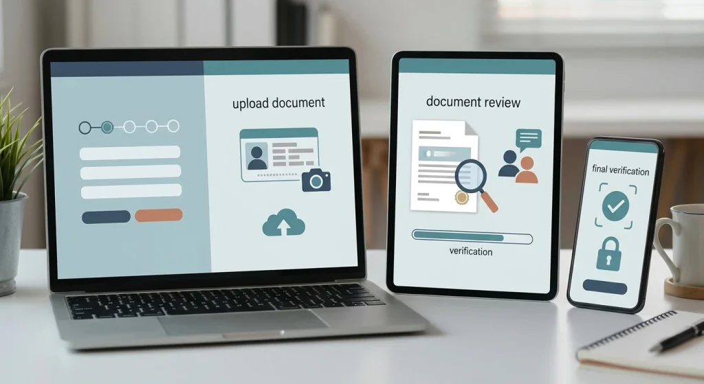 Editorial illustration of an online account verification workflow