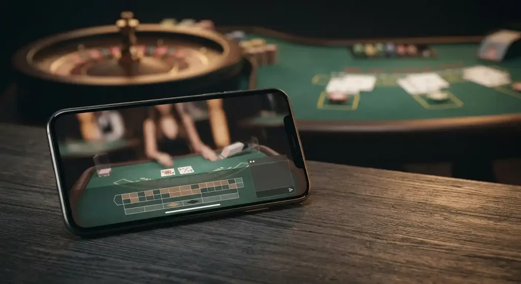 Editorial illustration of live roulette and blackjack viewed on a smartphone