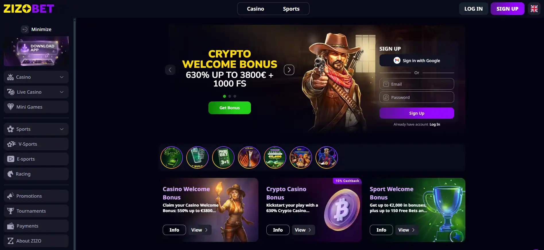 Current Zizobet public-facing casino interface