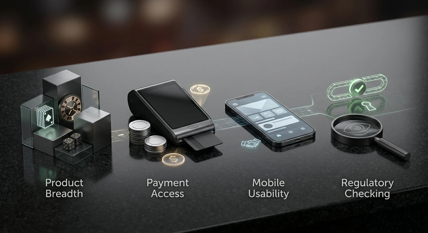 Editorial decision graphic comparing casino features, payments, mobile access and licensing